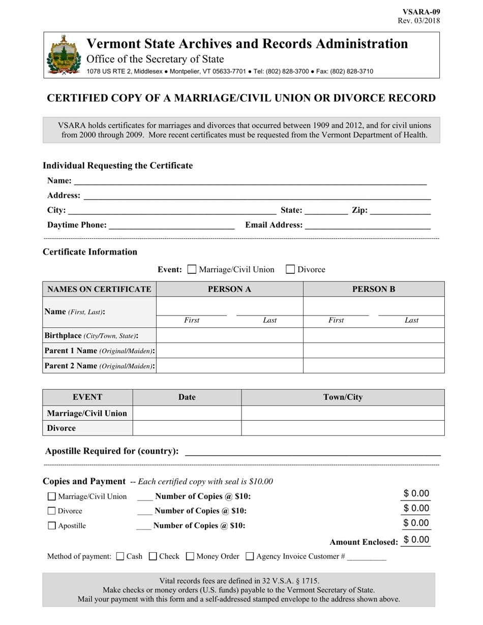 Form VSARA-09 Certified Copy of a Marriage / Civil Union or Divorce Record - Vermont, Page 1