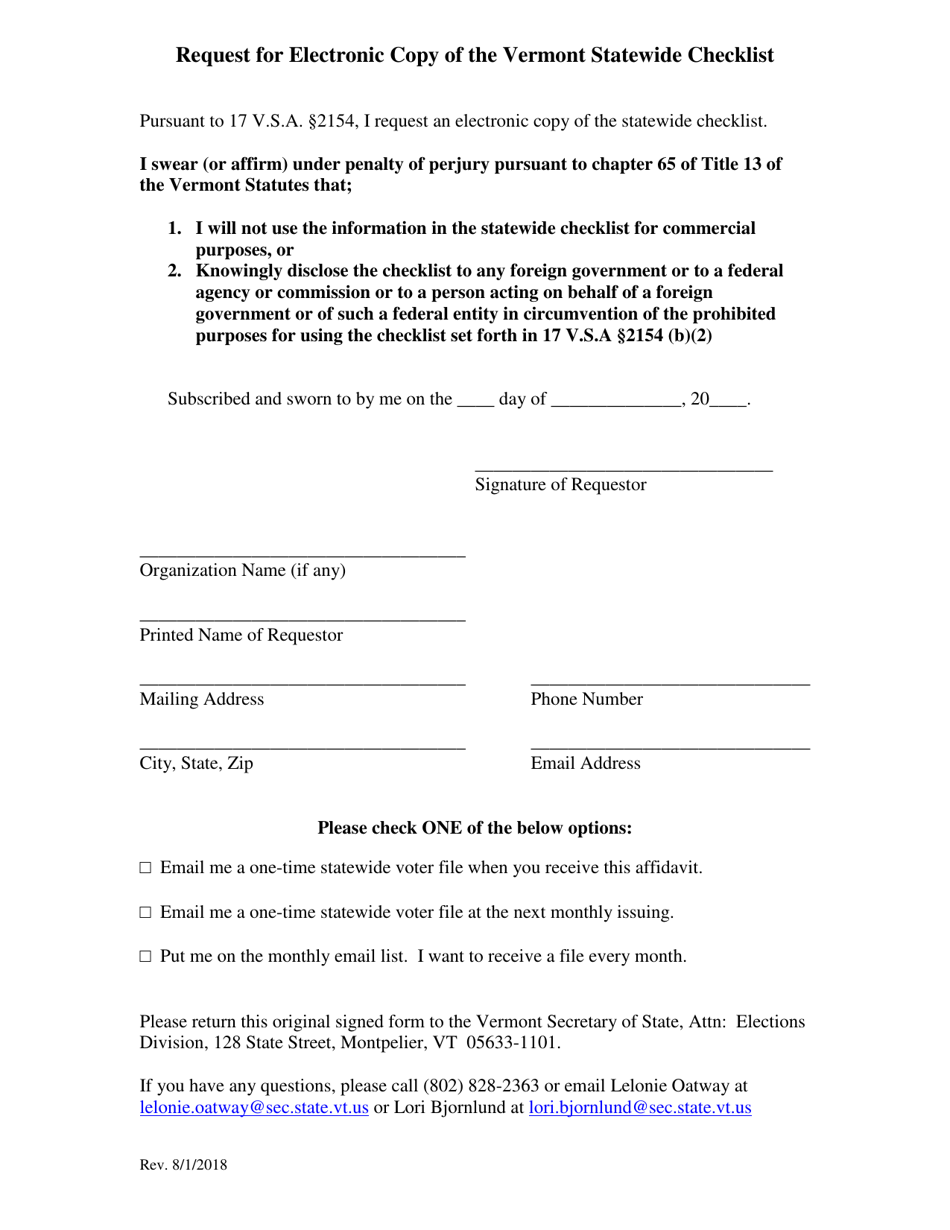 Request for Electronic Copy of the Vermont Statewide Checklist - Vermont, Page 1