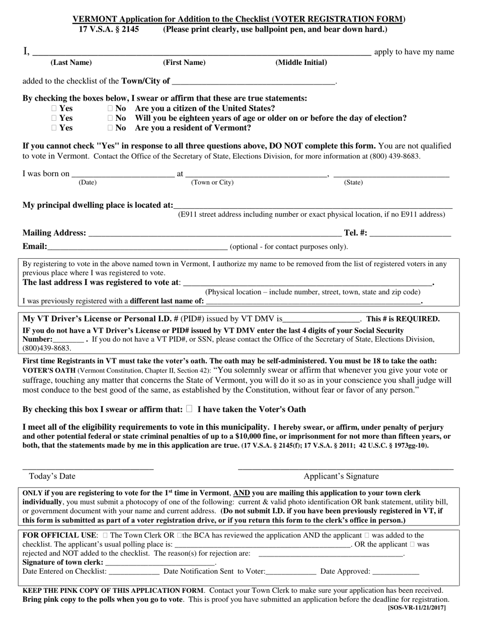 Form SOS-VR Application for Addition to the Checklist (Voter Registration Form) - Vermont, Page 1