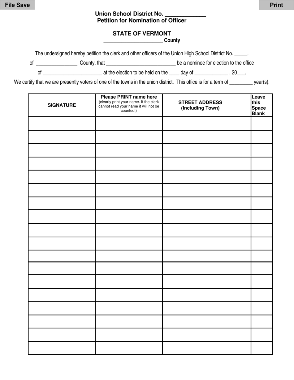 Vermont Petition for Nomination of Officer - Union High School Intended For Blank Petition Template