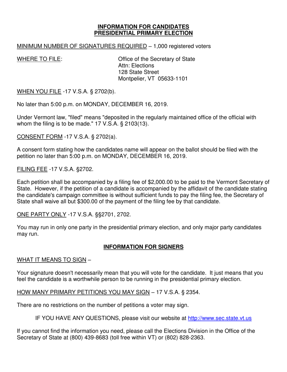 Consent of Candidate Form - Presidential Primary Election - Vermont, Page 3