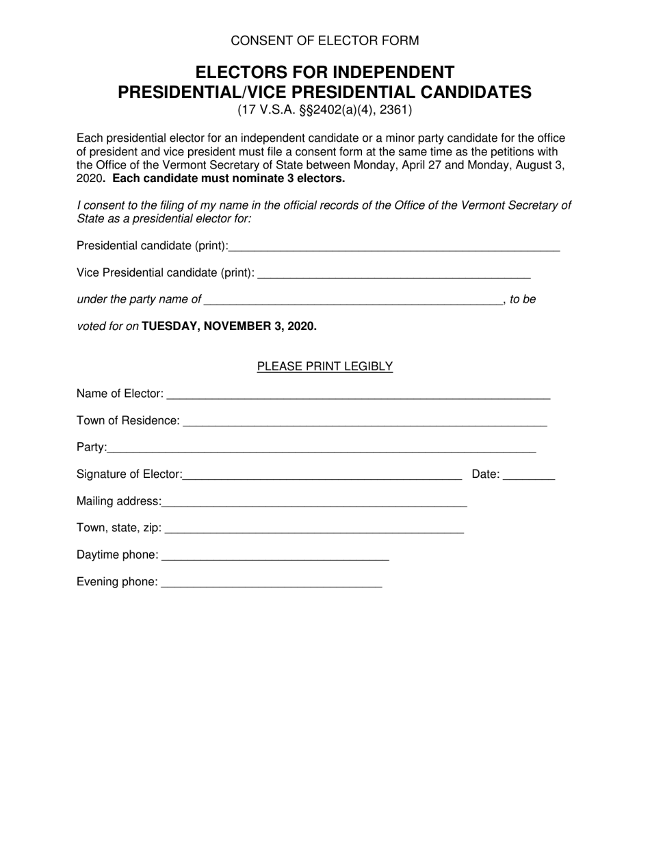 Consent of Candidate(S) Form - Independent Candidates - President and Vice President - Vermont, Page 3
