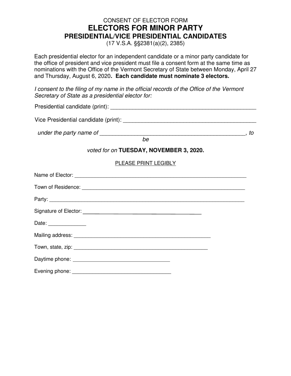 Consent of Candidate(S) Form - Minor Party Candidates - President and Vice President - Vermont, Page 3