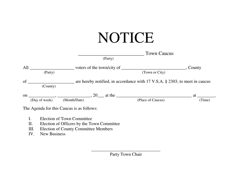 Caucus Notice Form - Vermont Download Pdf