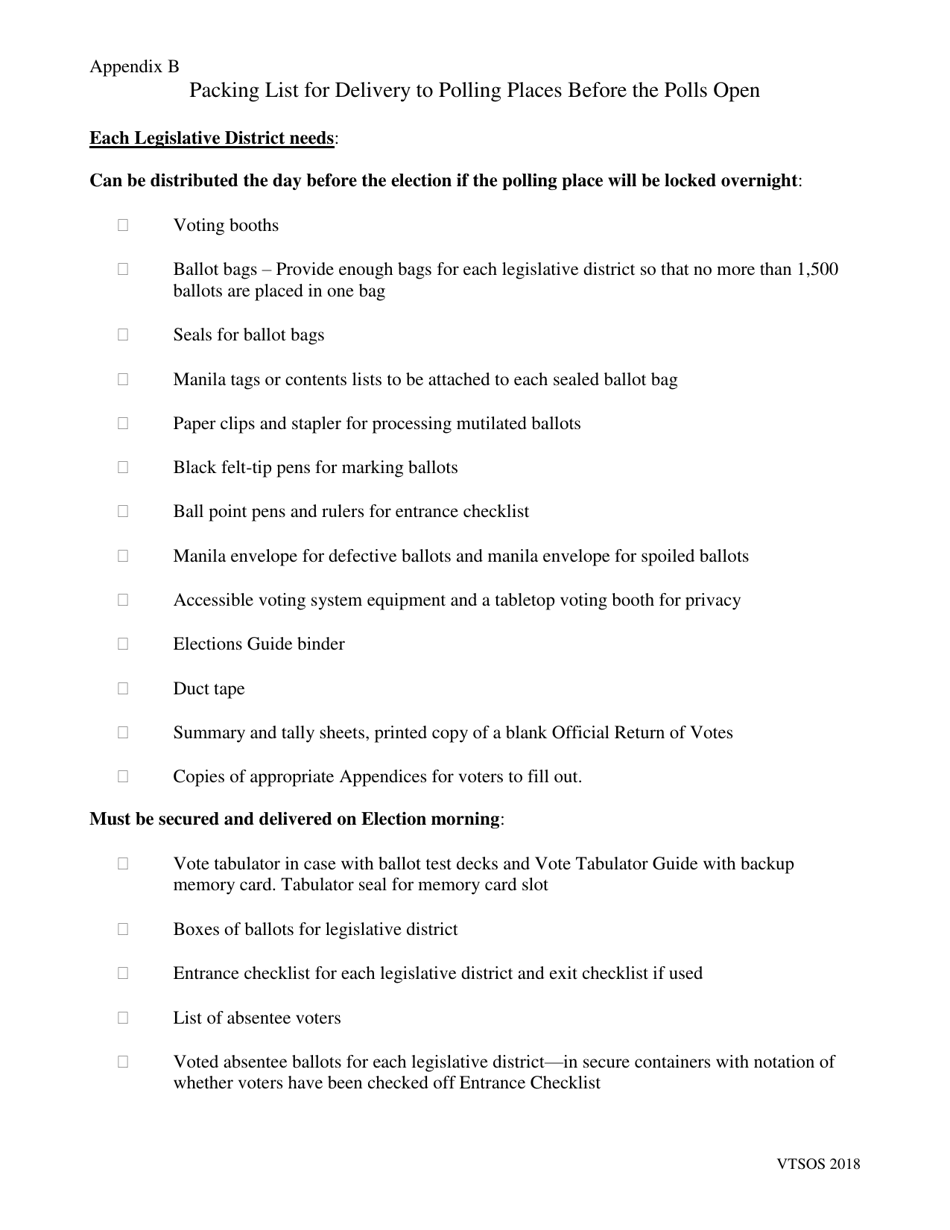 Vermont Packing List for Delivery to Polling Places Before the Polls
