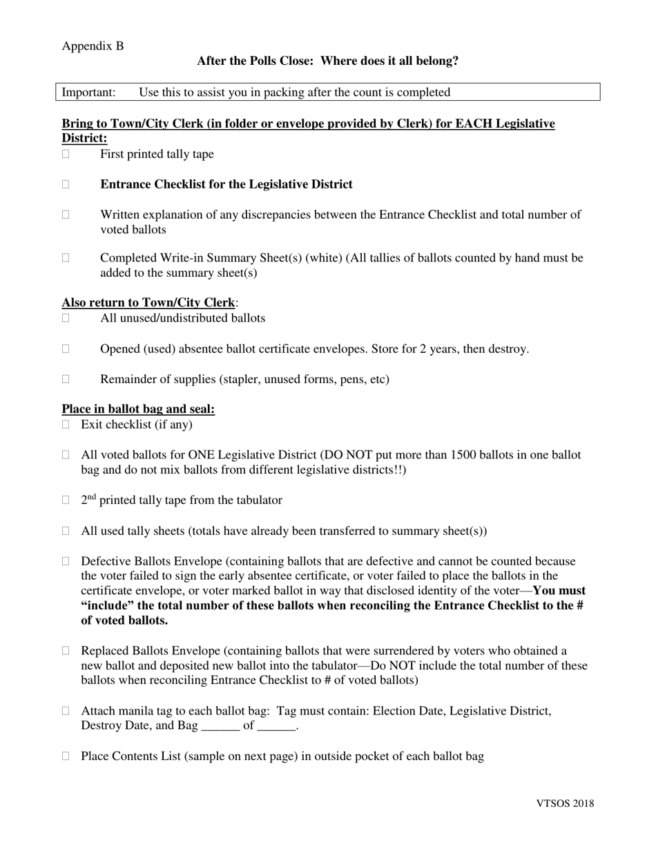 Appendix B Packing List for Delivery to Polling Places Before the Polls Open - Vermont, Page 2