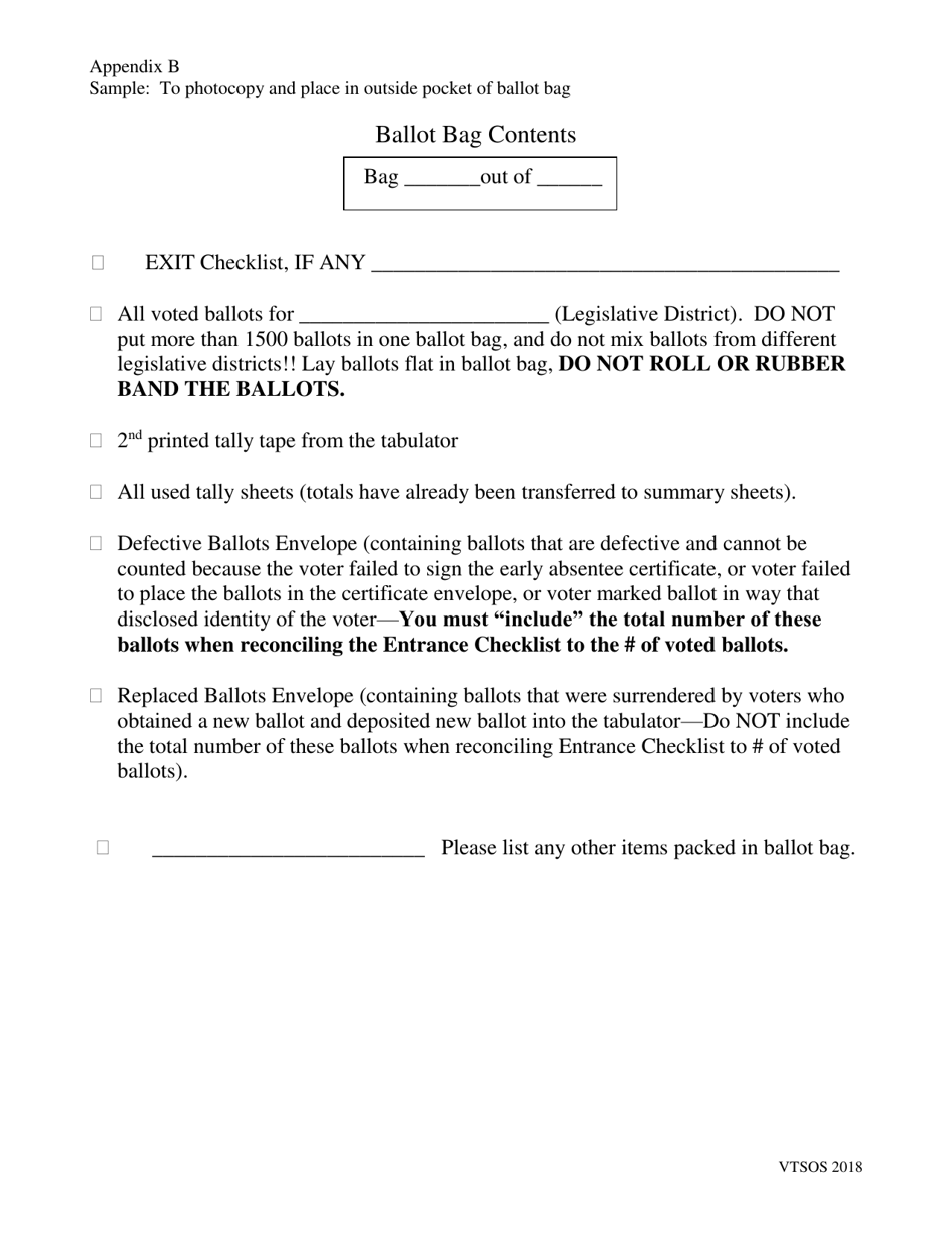 Appendix B Packing List for Delivery to Polling Places Before the Polls Open - Vermont, Page 3