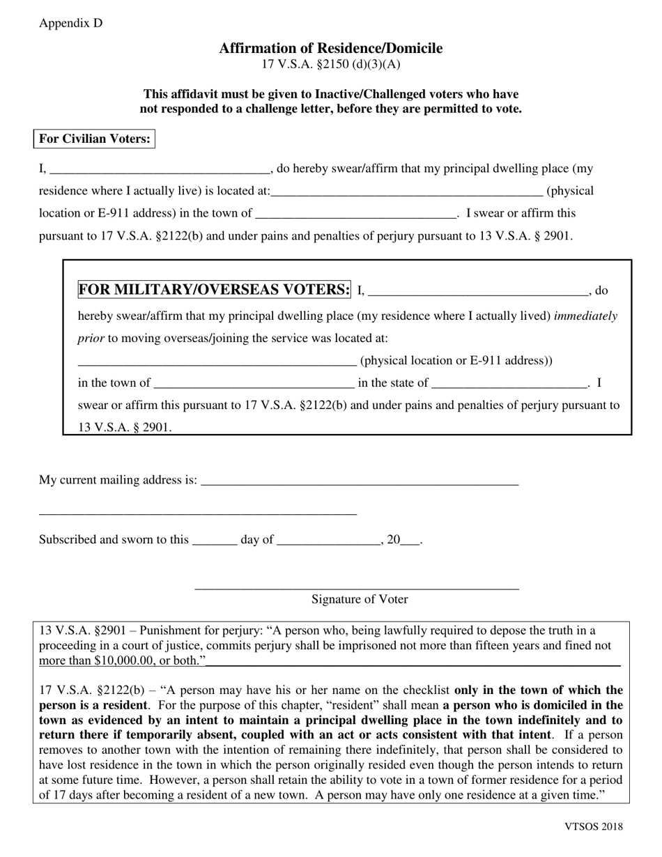 Appendix D Affirmation of Residence / Domicile - Vermont, Page 1