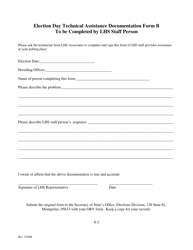 Form B &quot;Election Day Technical Assistance Documentation Form&quot; - Vermont