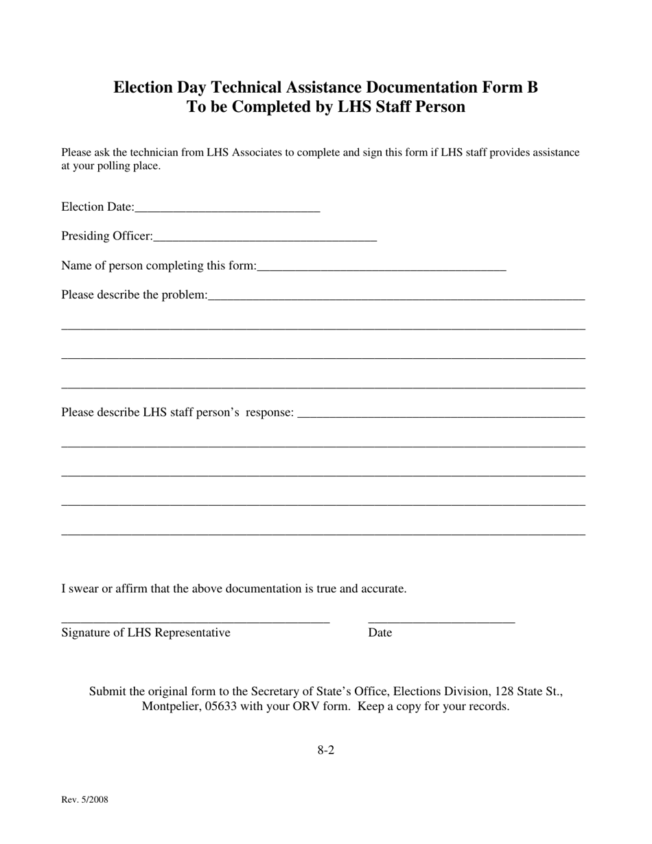 Form B Election Day Technical Assistance Documentation Form - Vermont, Page 1