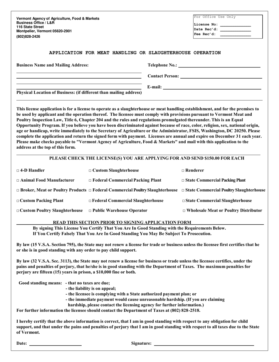 Vermont Application for Meat Handling or Slaughterhouse Operation