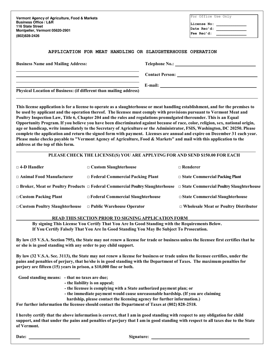 Application for Meat Handling or Slaughterhouse Operation - Vermont, Page 1