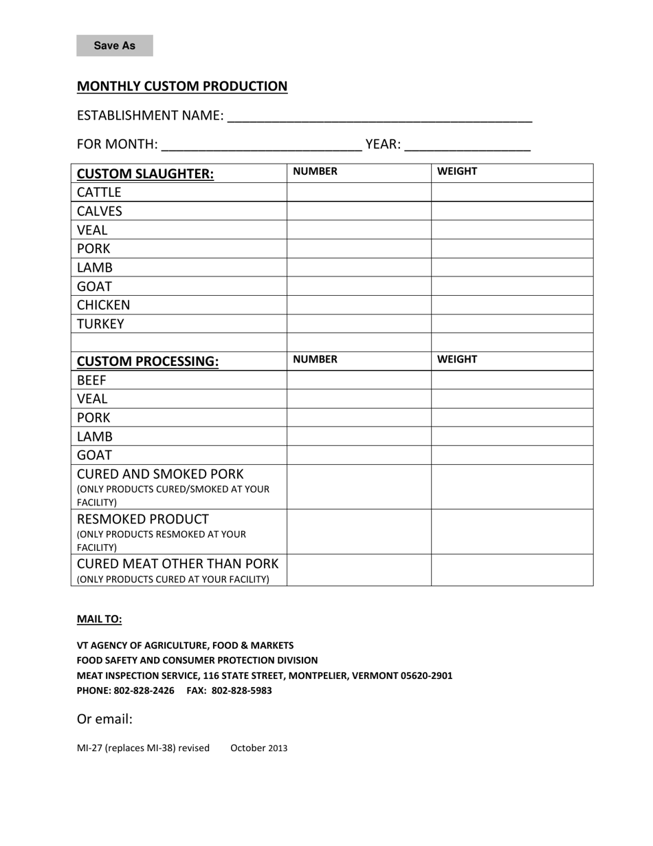 Form MI-27 Monthly Custom Production - Vermont, Page 1
