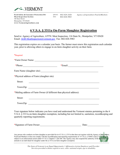 On-Farm Slaughter Registration Form - Vermont Download Pdf