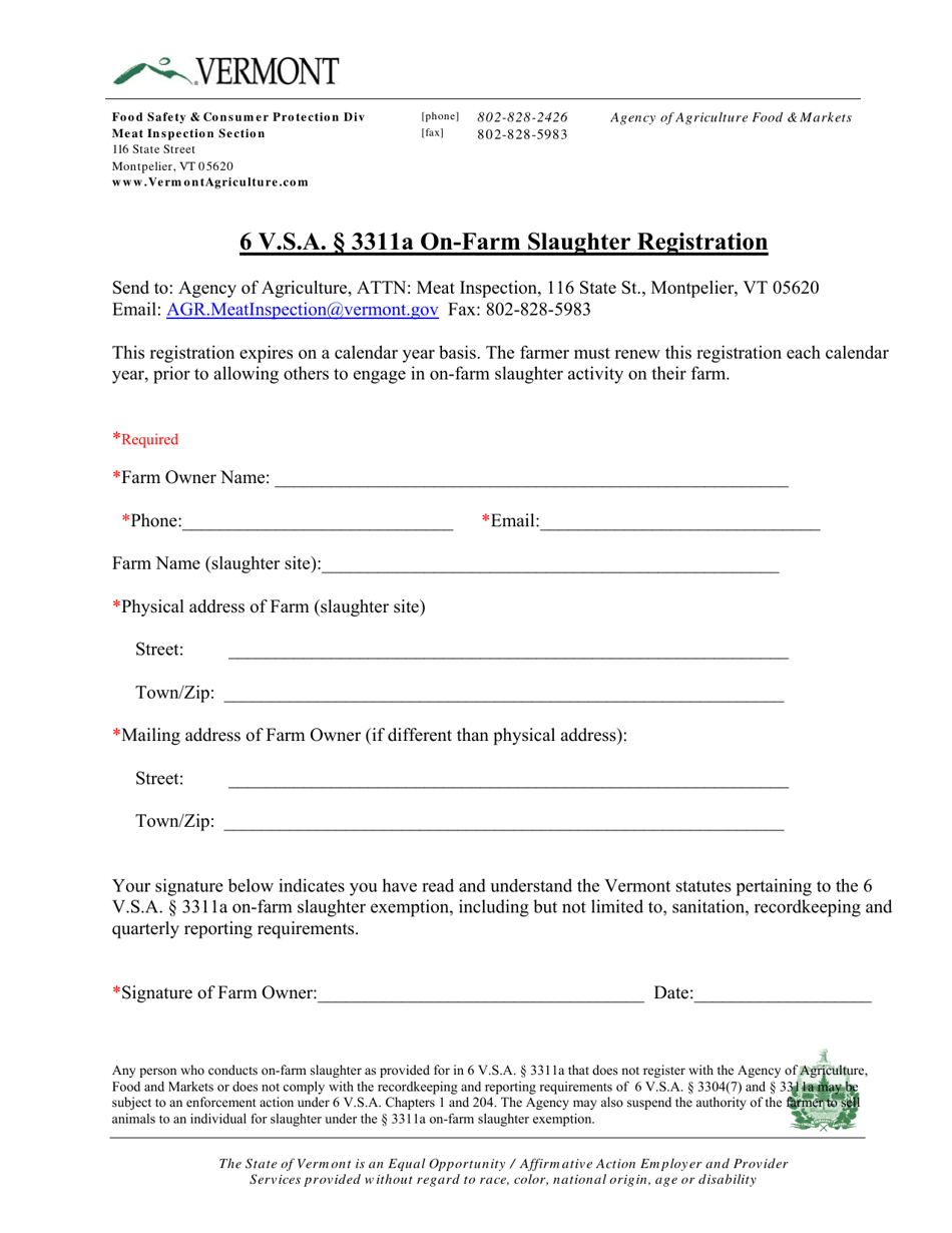 On-Farm Slaughter Registration Form - Vermont, Page 1