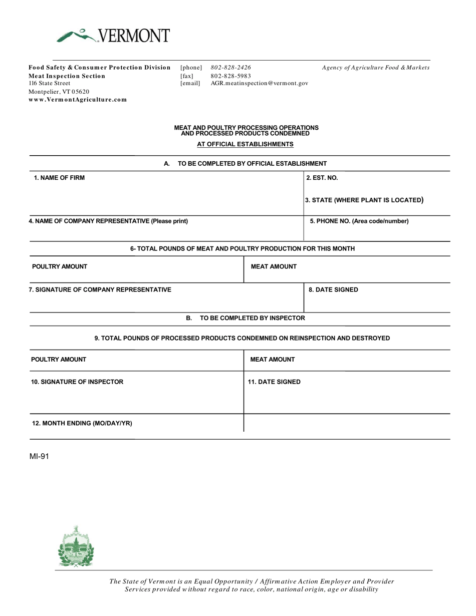 Form MI-91 Commercial Processing Production Report - Vermont, Page 1