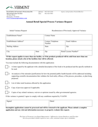 Annual Retail Special Process Variance Request Form - Vermont