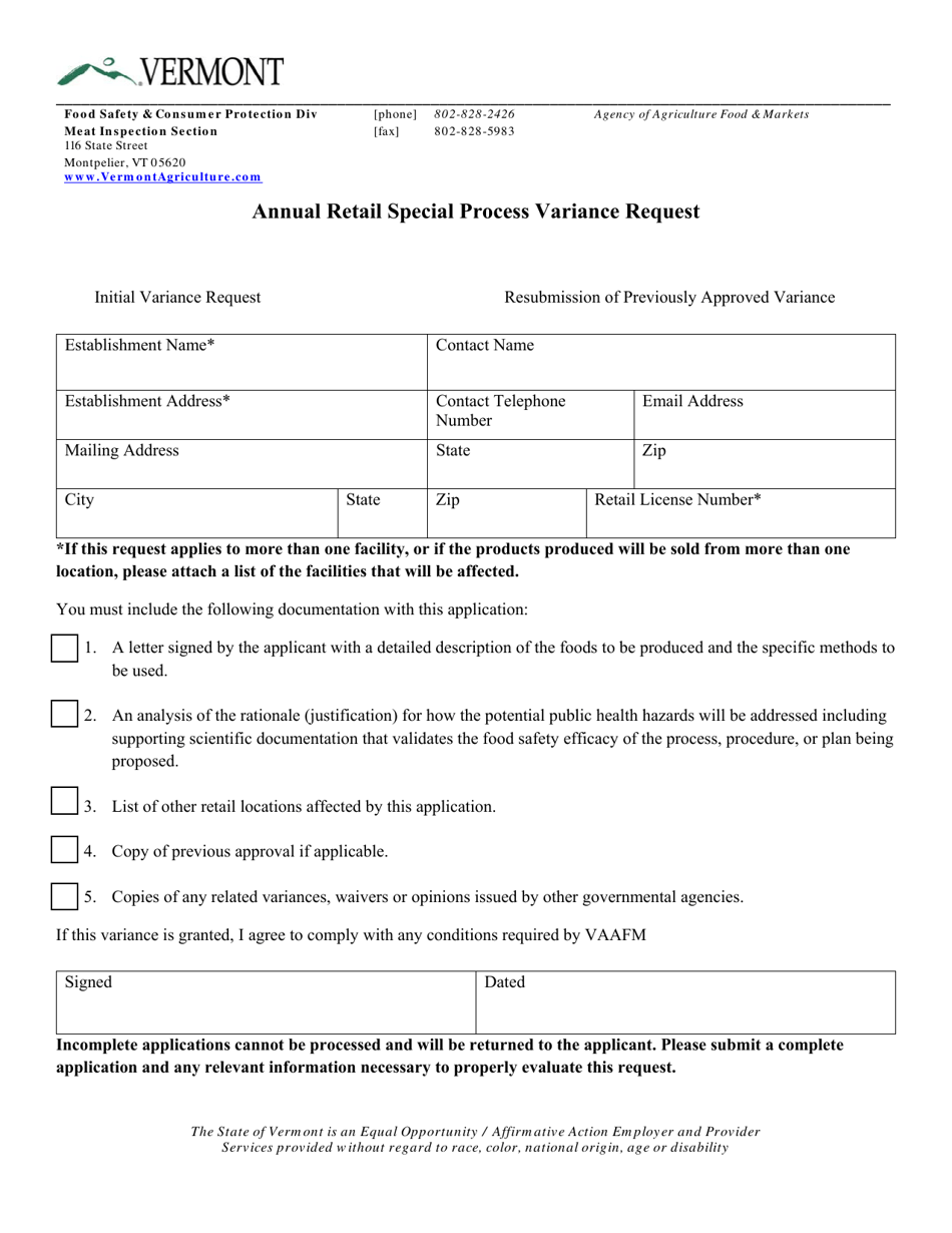 Annual Retail Special Process Variance Request Form - Vermont, Page 1