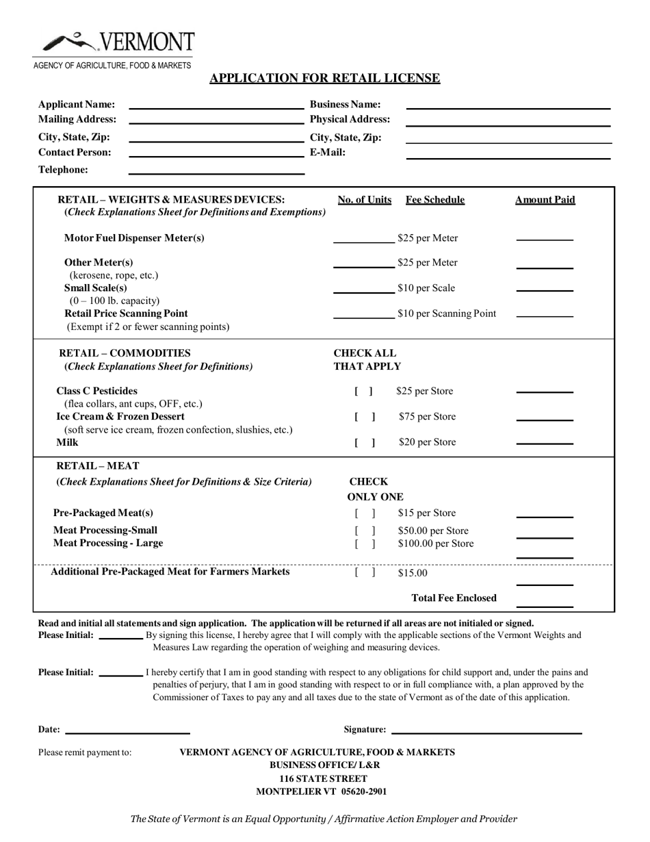 Application for Retail License - Vermont, Page 1