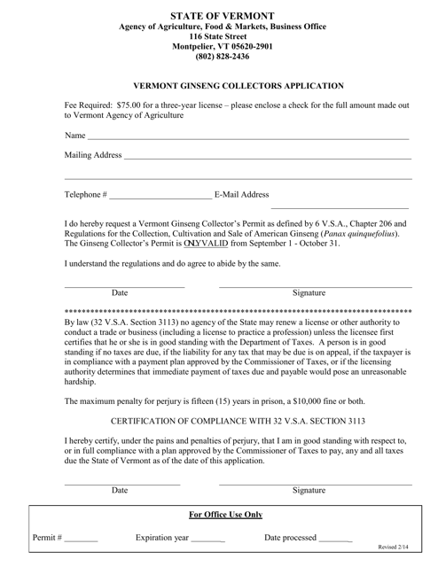 Vermont Ginseng Collectors Application Form - Vermont