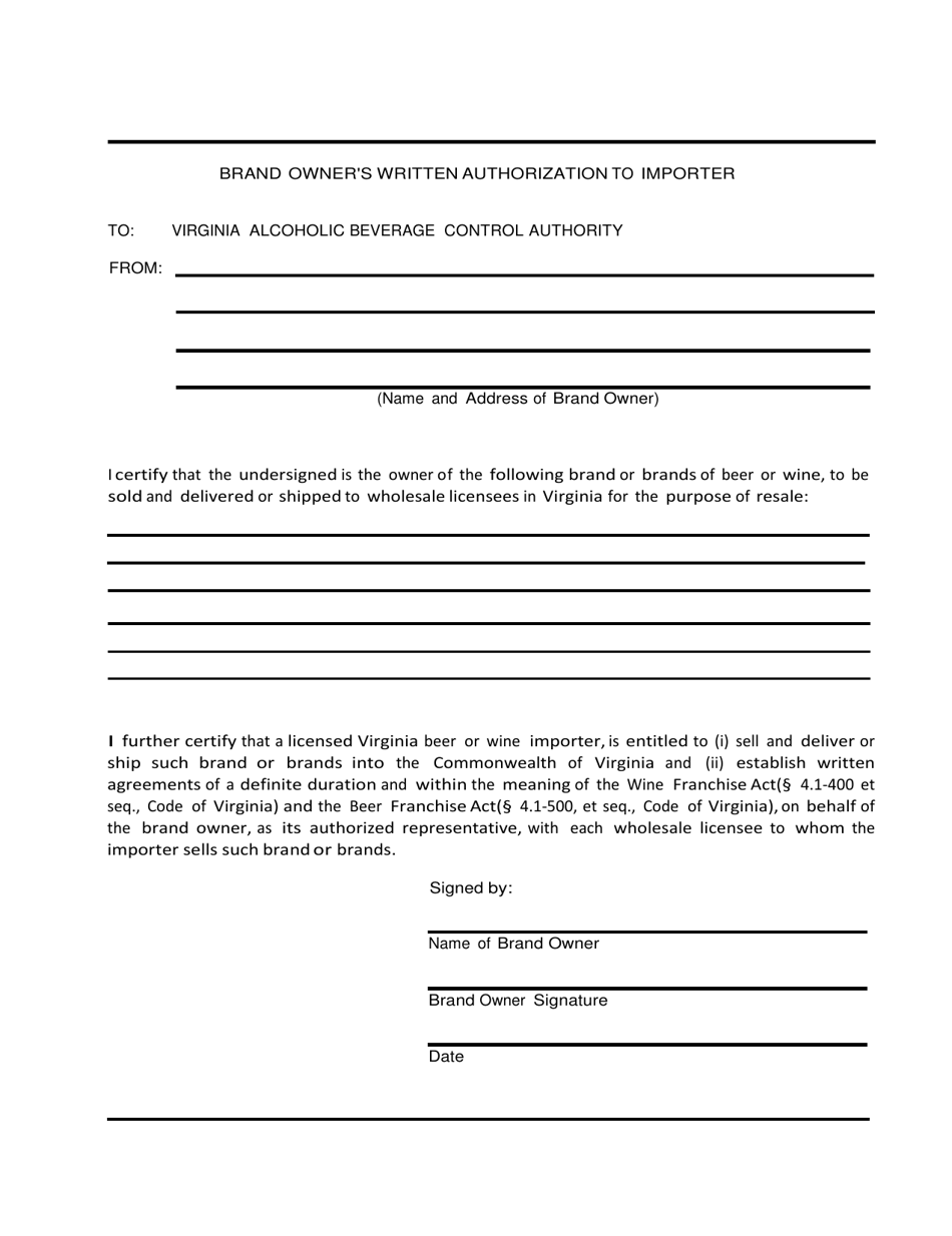 Brand Owner's Written Authorization to Importer - Virginia, Page 1