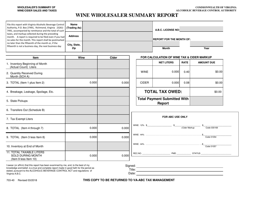 Form 703-40 Wholesaler&#039;s Summary of Wine/Cider Sales and Taxes - Virginia