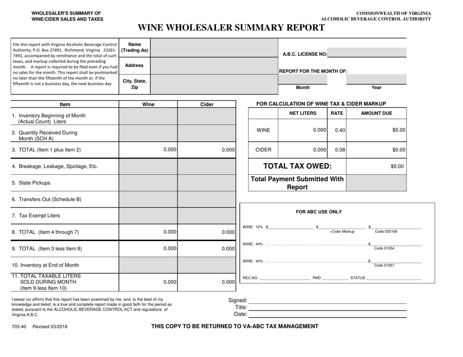 Form 703-40 Wholesalers Summary of Wine / Cider Sales and Taxes - Virginia, Page 1