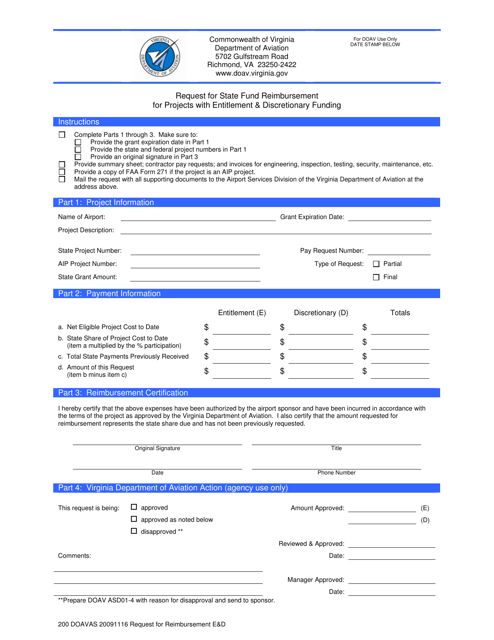 Request for State Fund Reimbursement for Projects With Entitlement & Discretionary Funding - Virginia Download Pdf