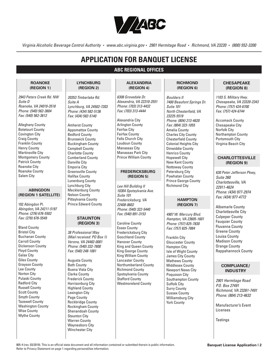 Form 805-4 Application for Banquet License - Virginia, Page 2