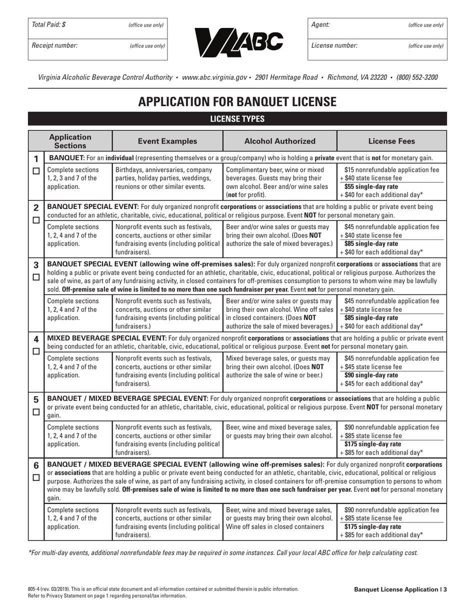 Form 805-4 Application for Banquet License - Virginia, Page 3