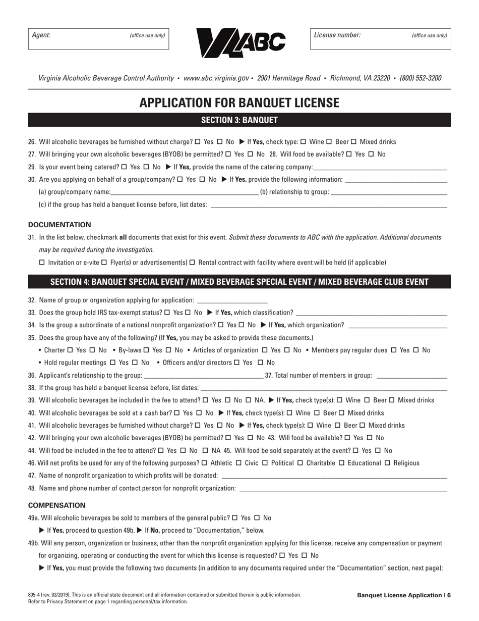 Form 805-4 Application for Banquet License - Virginia, Page 6
