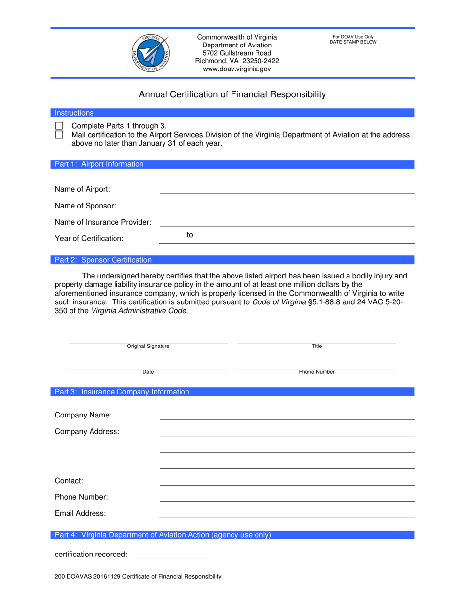 Annual Certification of Financial Responsibility - Virginia, Page 1