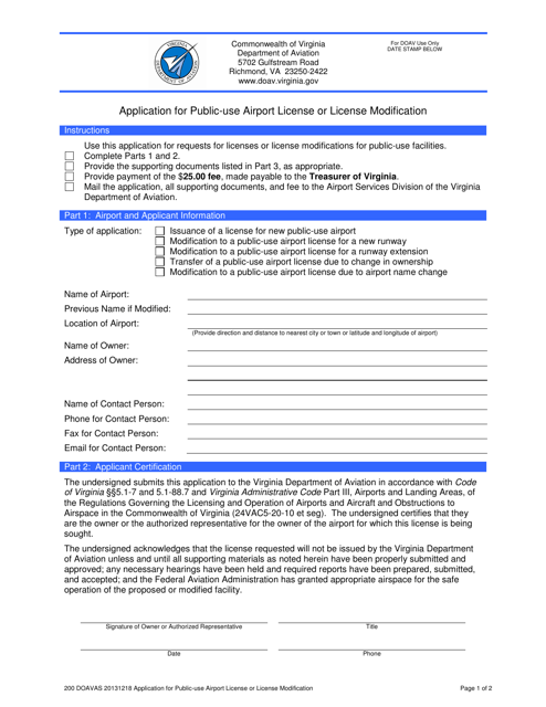 Application for Public-Use Airport License or License Modification - Virginia Download Pdf