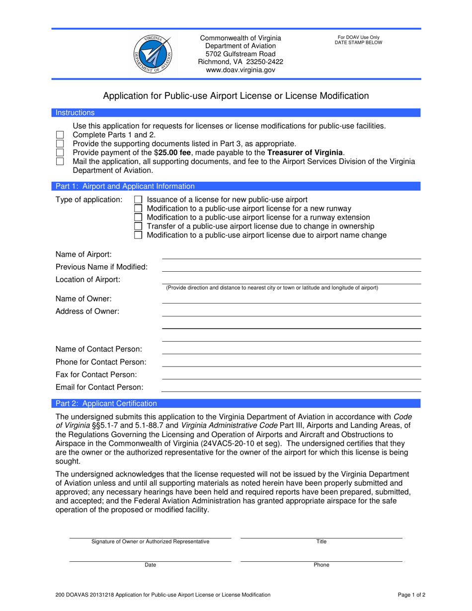 Application for Public-Use Airport License or License Modification - Virginia, Page 1