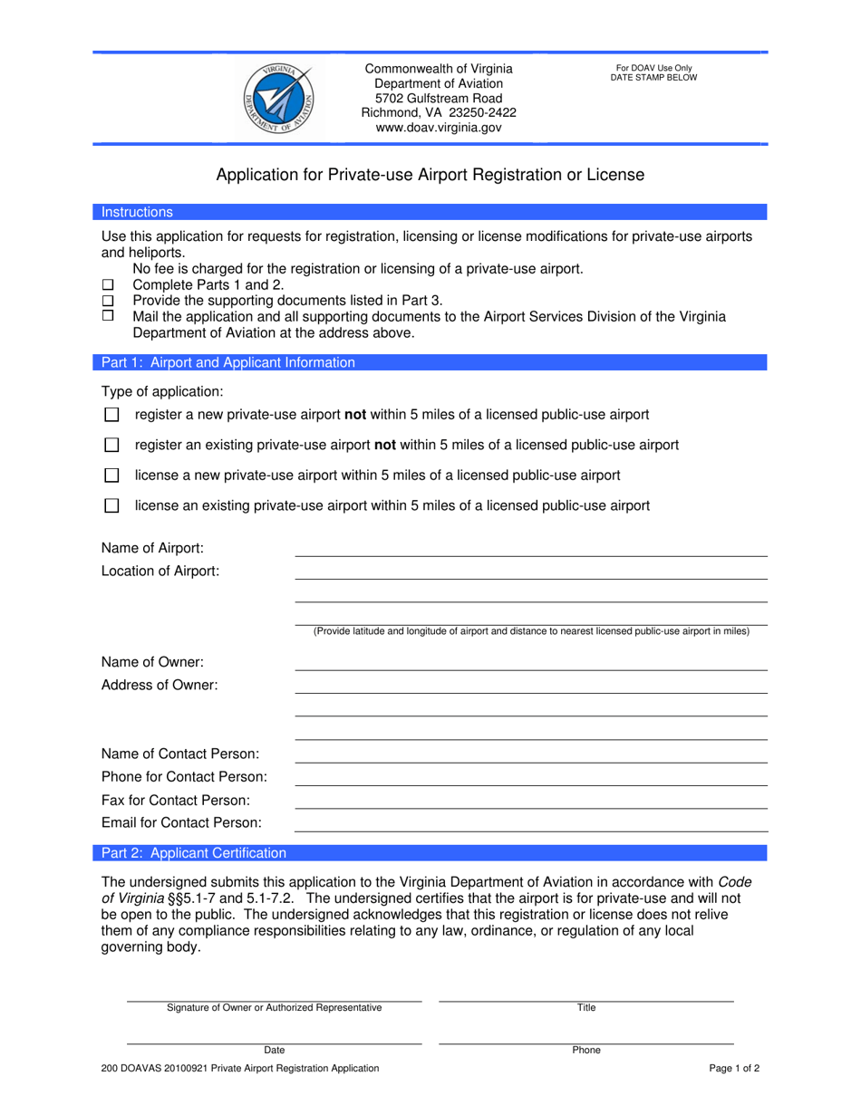 Application for Private-Use Airport Registration or License - Virginia, Page 1