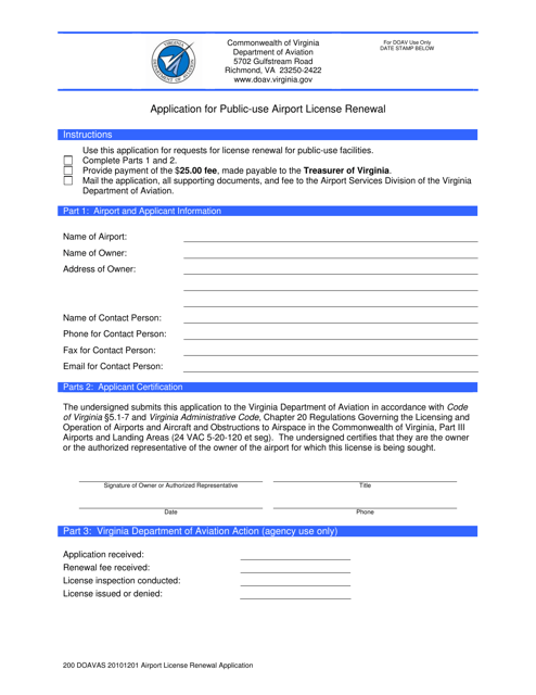Application for Public-Use Airport License Renewal - Virginia Download Pdf