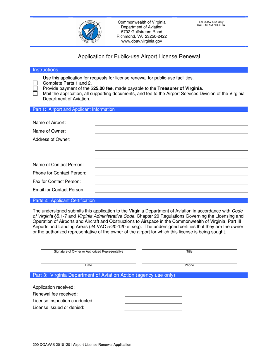Application for Public-Use Airport License Renewal - Virginia, Page 1