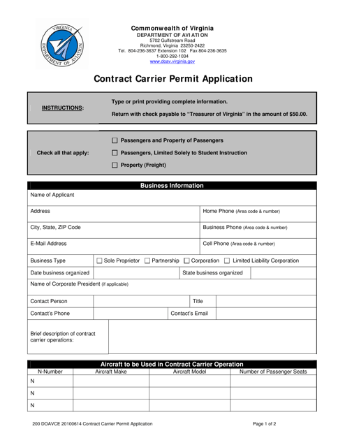 Contract Carrier Permit Application Form - Virginia Download Pdf