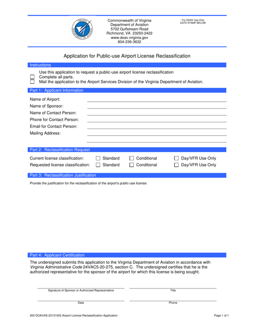 Application for Public-Use Airport License Reclassification - Virginia