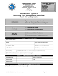 &quot;Aircraft License Application Form - Part 1 - Owner Information - Commercial Fleet/Noncommercial Dealer Fleet&quot; - Virginia