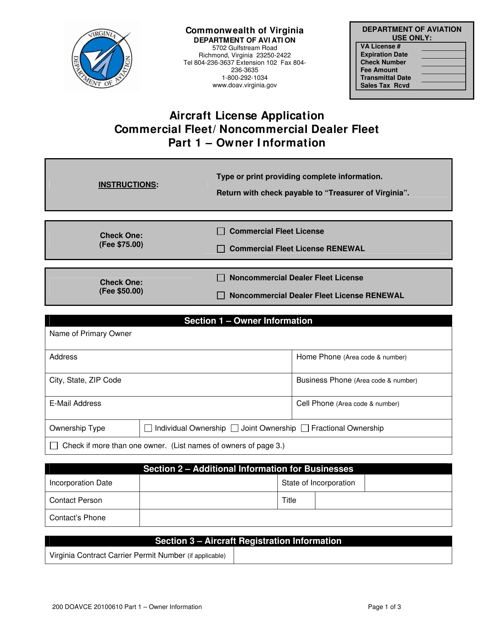 Aircraft License Application Form - Part 1 - Owner Information - Commercial Fleet/Noncommercial Dealer Fleet - Virginia Download Pdf