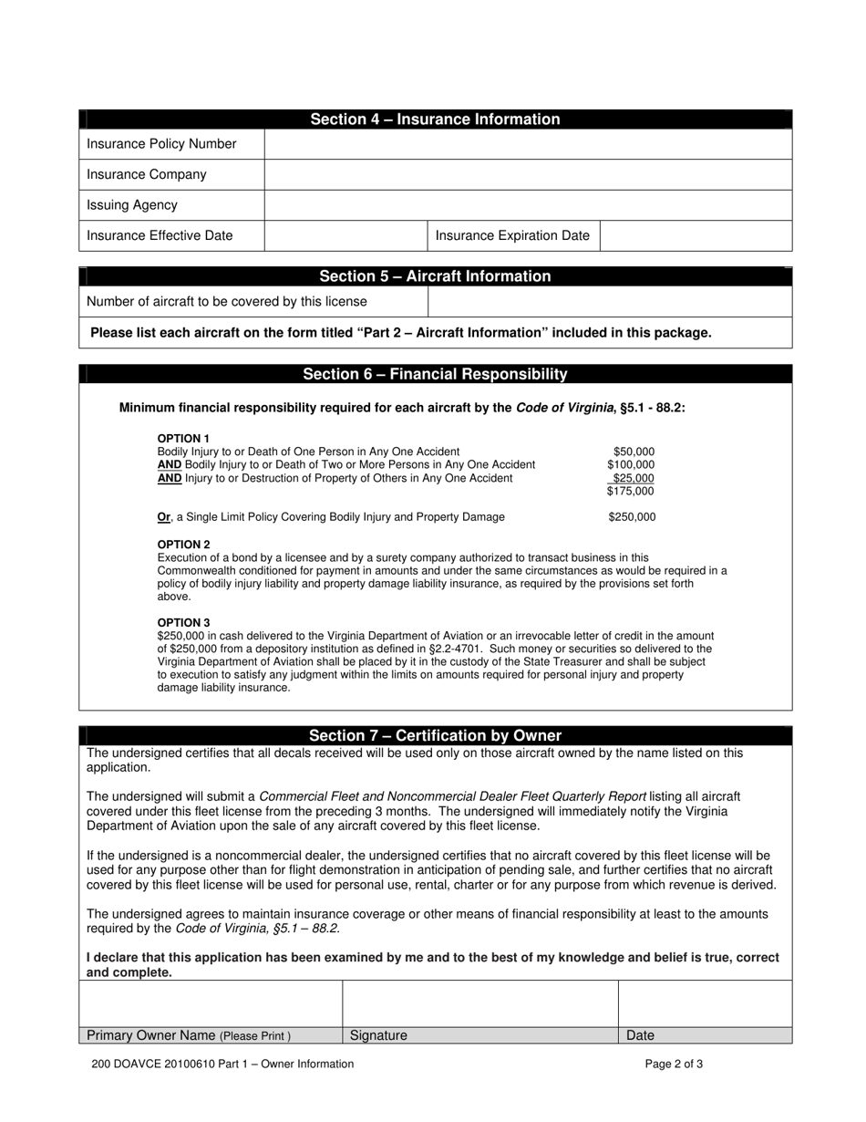 Aircraft License Application Form - Part 1 - Owner Information - Commercial Fleet / Noncommercial Dealer Fleet - Virginia, Page 2