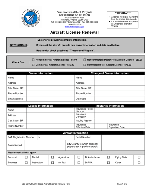 Aircraft License Renewal Form - Virginia Download Pdf