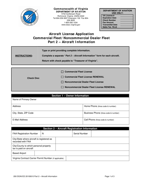 Aircraft License Application Form - Part 2 - Aircraft Information - Commercial Fleet/Noncommercial Dealer Fleet - Virginia Download Pdf
