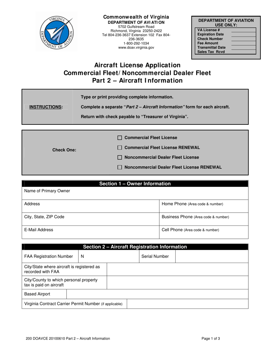 Virginia Aircraft License Application Form Part 2 Aircraft