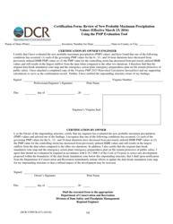 Form DCR-VSWCB-037 Certification Form: Review of New Probable Maximum Precipitation Values Using the Pmp Evaluation Tool - Virginia