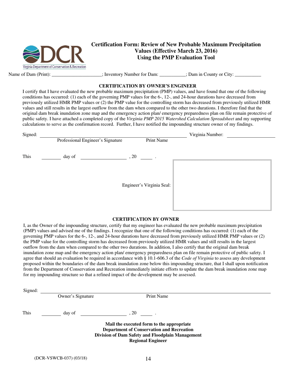 Form DCR-VSWCB-037 Certification Form: Review of New Probable Maximum Precipitation Values Using the Pmp Evaluation Tool - Virginia, Page 1