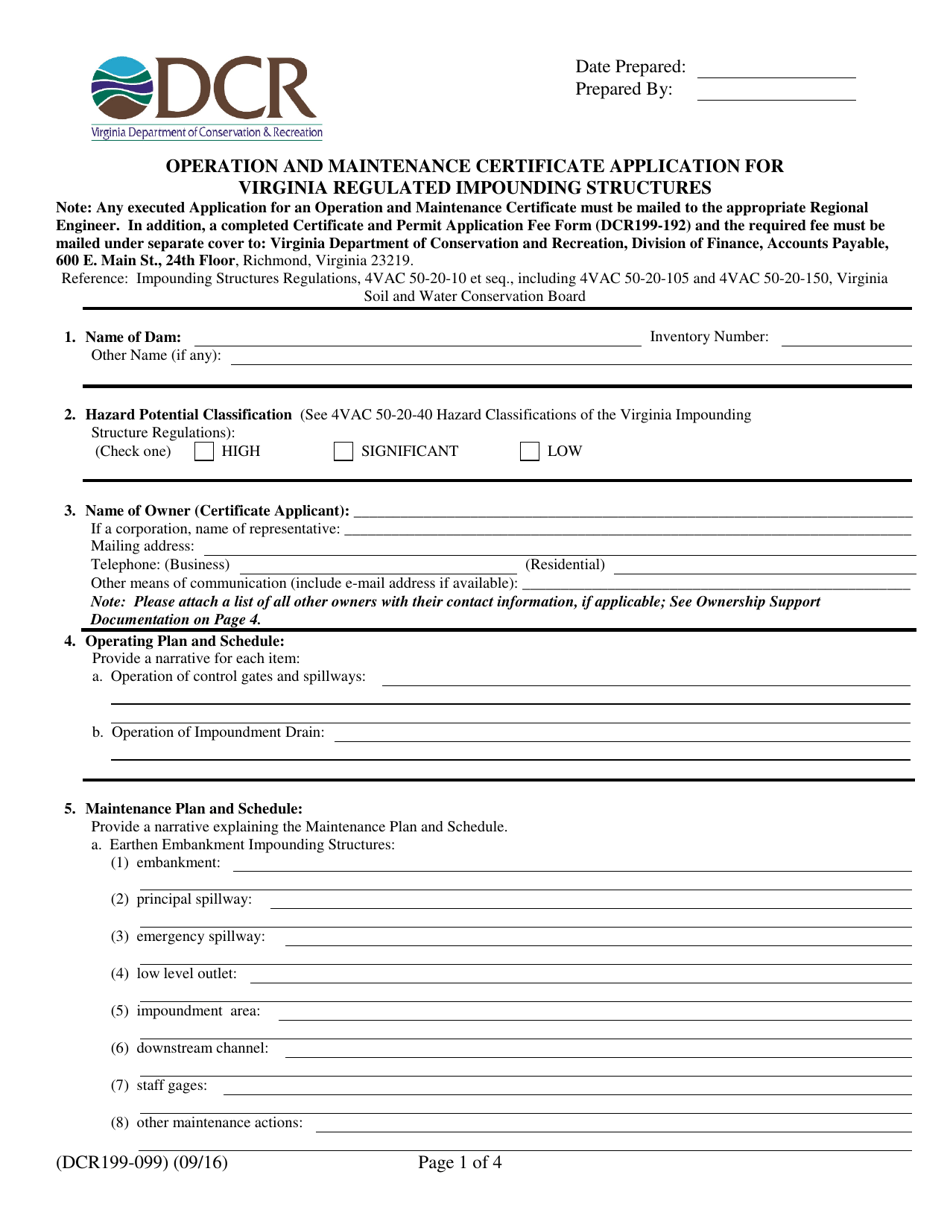 Form DCR199-099 Operation and Maintenance Certificate Application for Virginia Regulated Impounding Structures - Virginia, Page 1