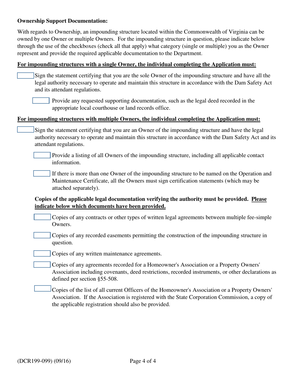 Form DCR199-099 Operation and Maintenance Certificate Application for Virginia Regulated Impounding Structures - Virginia, Page 4