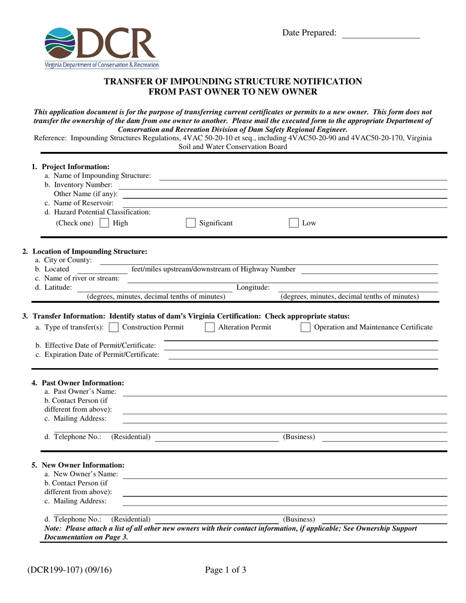 Form DCR199-107 Transfer of Impounding Structure Notification From Past Owner to New Owner - Virginia, Page 1
